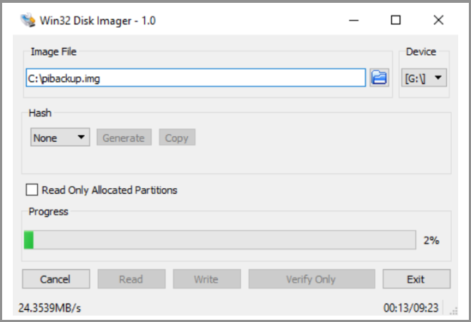 Clique na opção Ler para iniciar o processo de backup