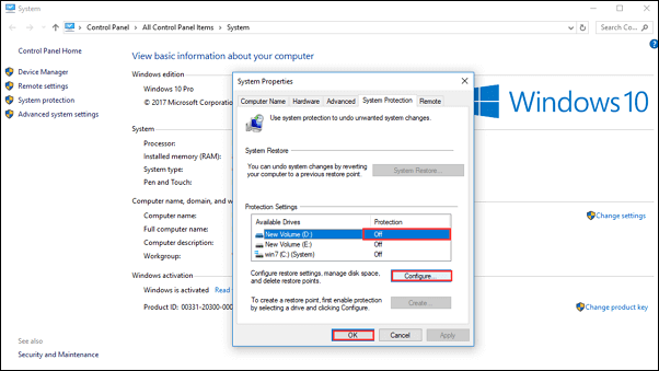 verifique as configurações de proteção do sistema