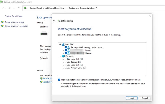Escolha o que você precisa para fazer backup