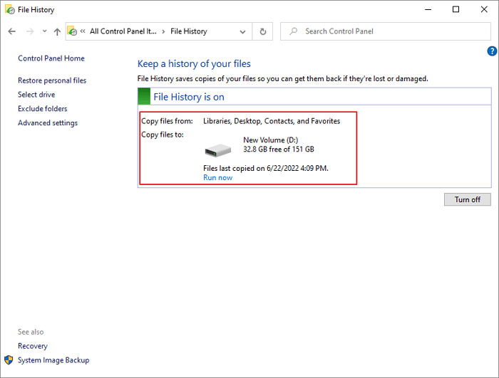 definir as configurações do histórico de arquivos