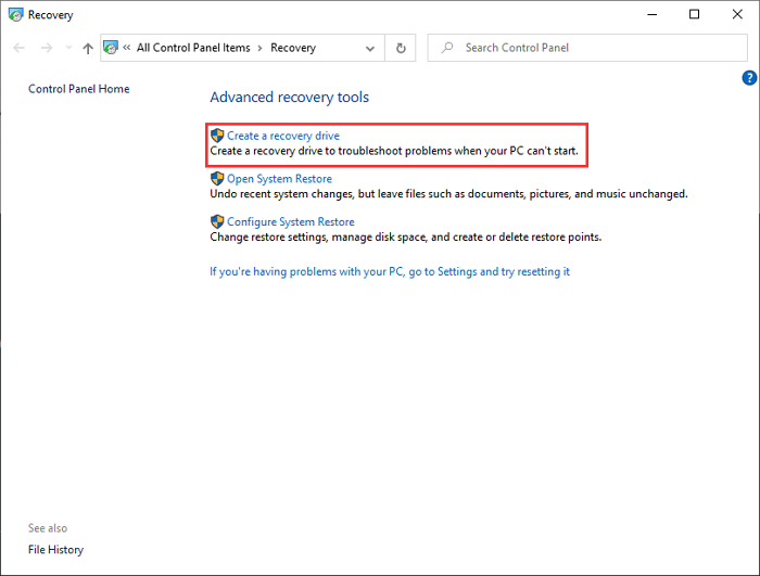 crie uma unidade de recuperação no painel de controle