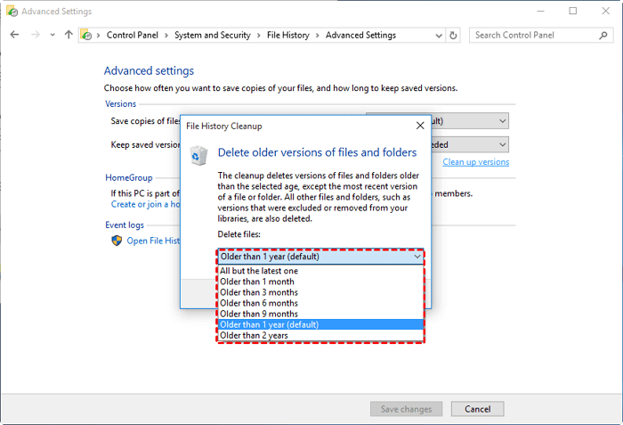 Excluir backup do histórico de arquivos