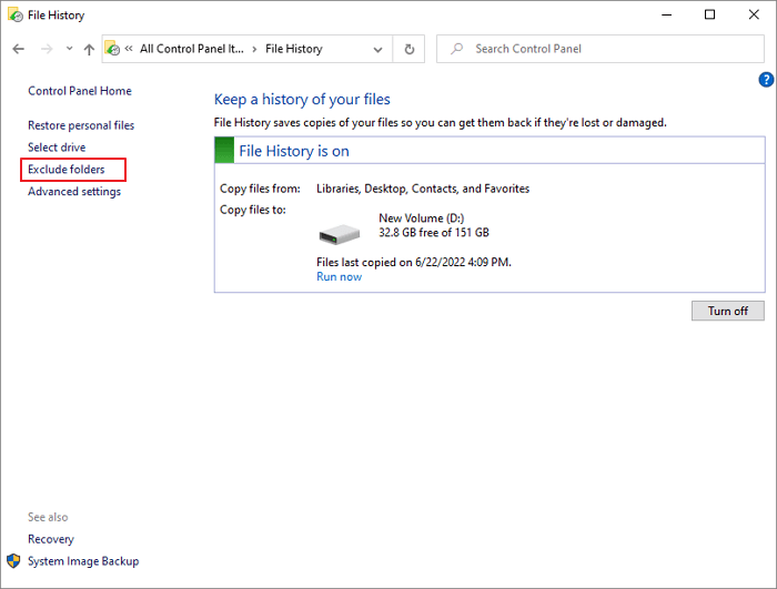 excluir pastas do histórico de arquivos