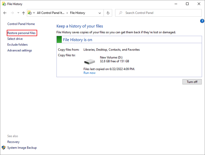 restaurar arquivos pessoais com histórico de arquivos