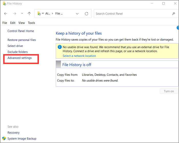 configurações avançadas do histórico de arquivos abertos