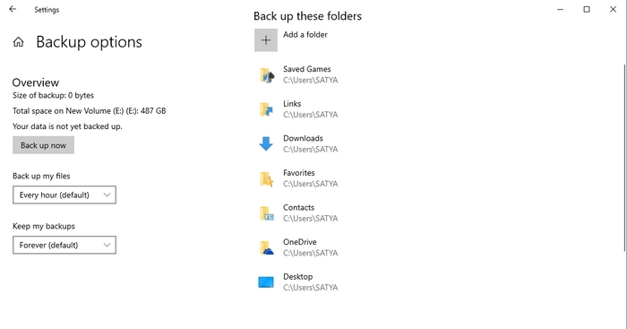 Opções de backup do histórico de arquivos