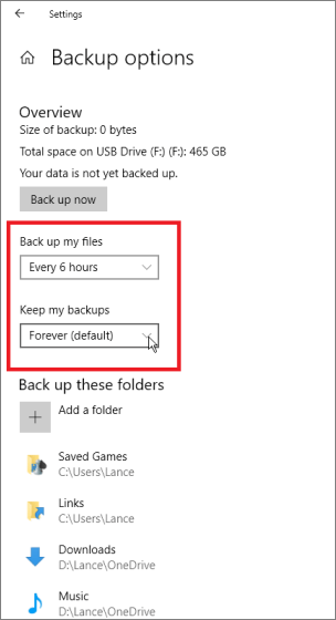 Configurações de backup