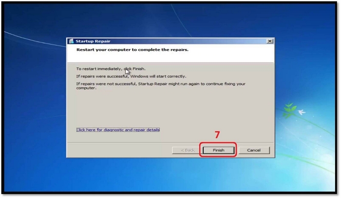 clique em concluir para reiniciar o Windows 7