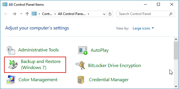 abra o backup e a restauração do Windows (Windows 7) no painel de controle