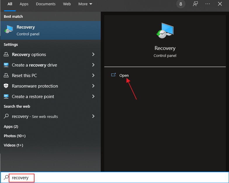 digite recuperação na pesquisa