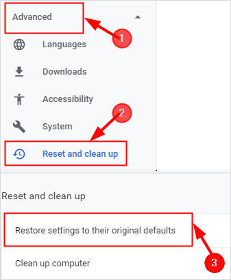 redefinir o navegador Chrome para remover o aviso de segurança do Windows Defender