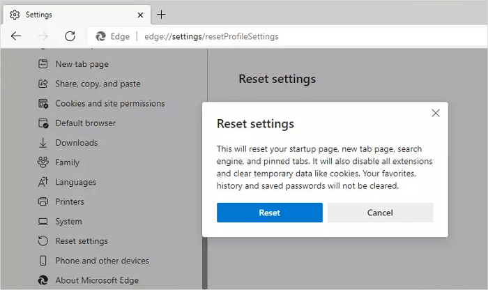 redefinir o Microsoft Edge para remover o aviso de segurança do Windows Defender