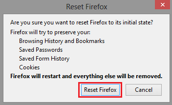 redefinir o Firefox para remover o aviso de segurança do Windows Defender