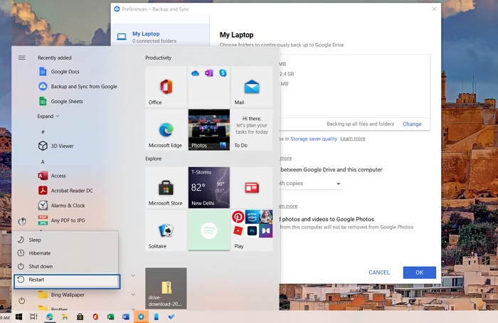 Pressione a tecla Shift e clique na opção Reiniciar