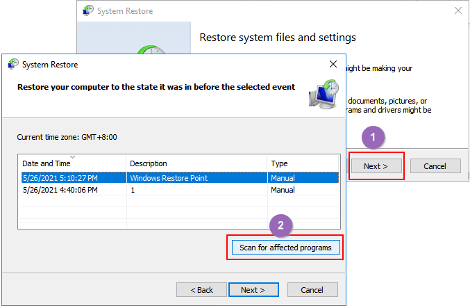 selecione o ponto de restauração desejado