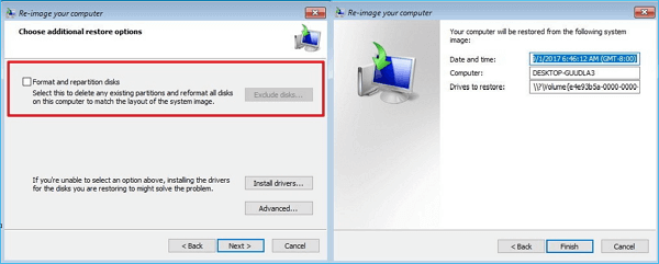 Conclua a restauração da imagem do sistema para um novo computador