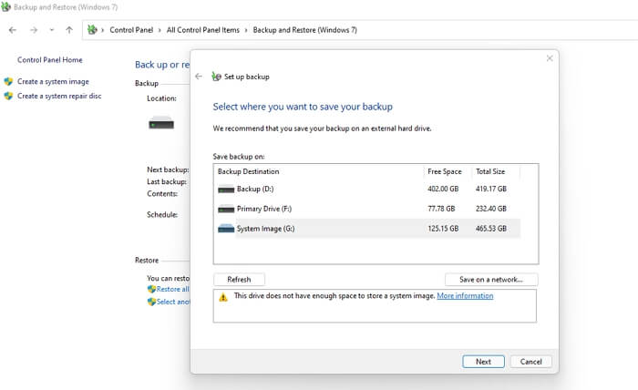 selecione a unidade para salvar o backup