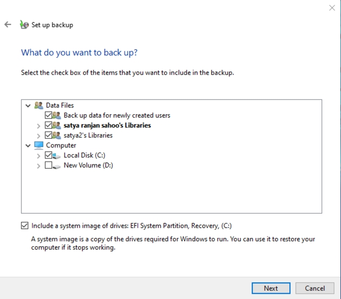 Selecione pastas e unidades para backup