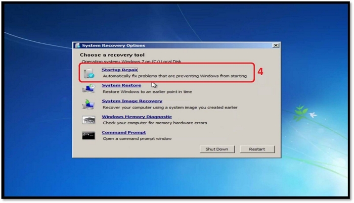 clique em reparo de inicialização