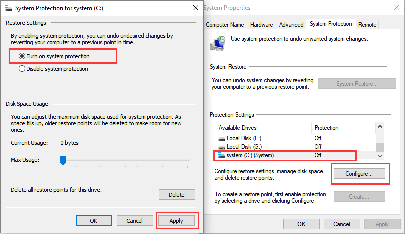 habilitar o recurso de restauração do sistema no windows 10
