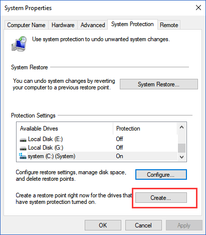 criar ponto de restauração do sistema