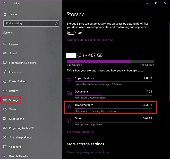Escolha Arquivos Temporários em Armazenamento