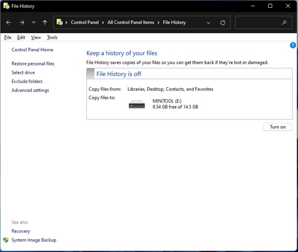Clique em Histórico de arquivos