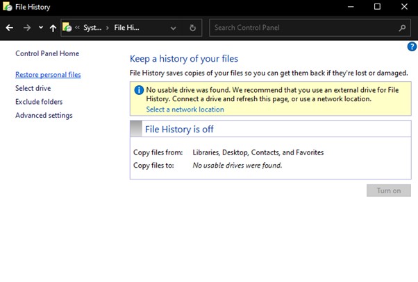 clique em restaurar arquivos de persona