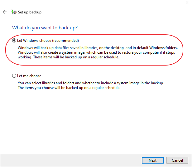 escolha o conteúdo de backup