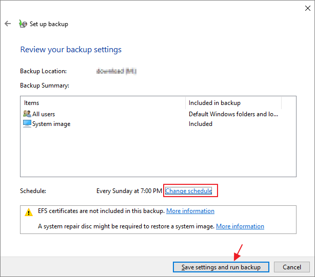 concluir as configurações de backup