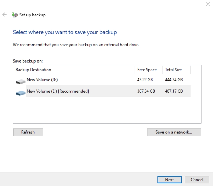 Destino para backup e restauração do Windows