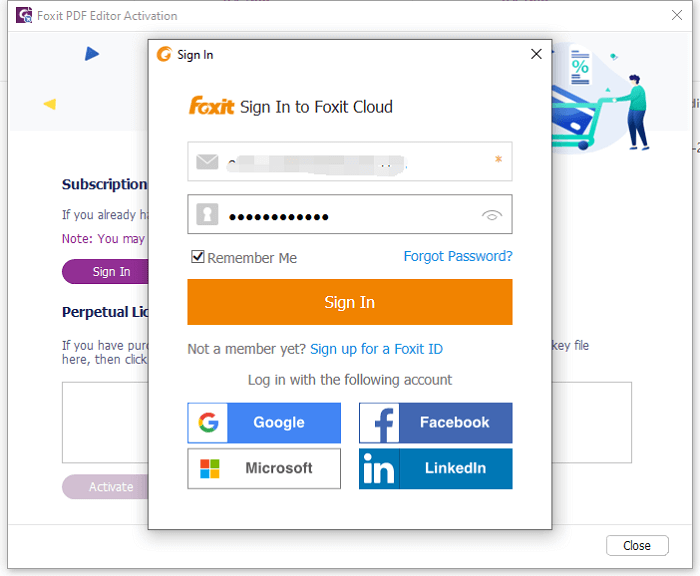 Processo de login para ativar o software