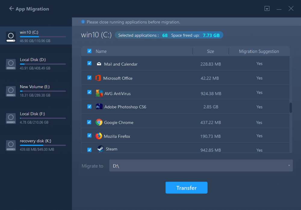 select the app and the destination