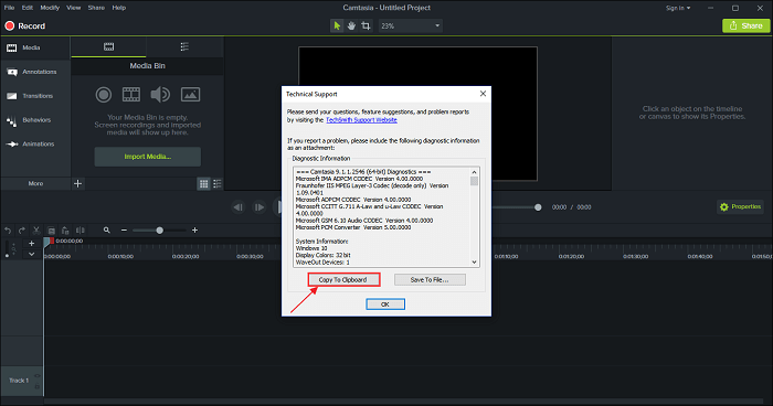 camtasia copiar informações do produto