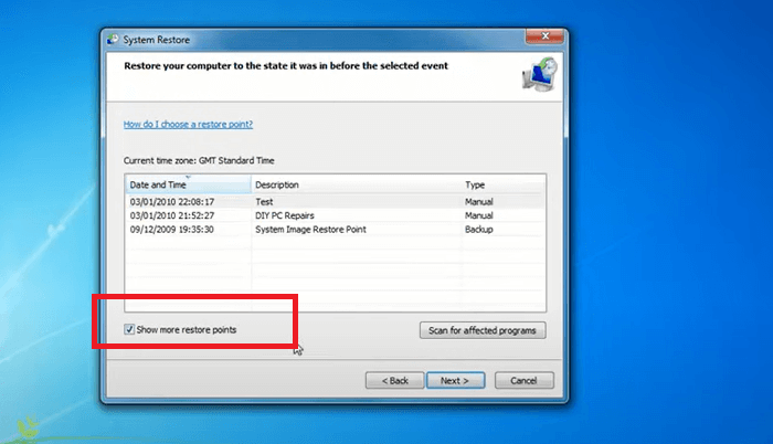 clique em mostrar mais ponto de restauração