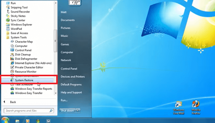 clique em Windows e vá para a restauração do sistema
