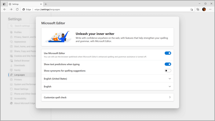 Configurações do Editor - Microsoft Edge