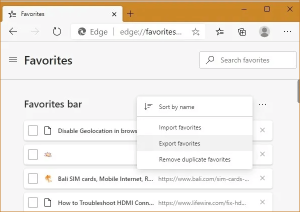 Exportar favoritos do IE