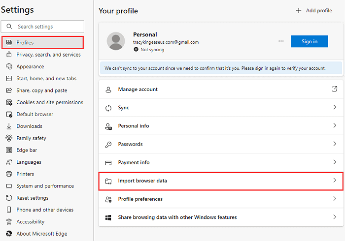 Definir para importar dados do Internet Explorer