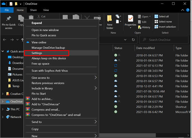 configurações do onedrive