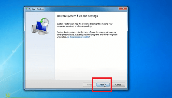 abra a recuperação do sistema e clique em próximo