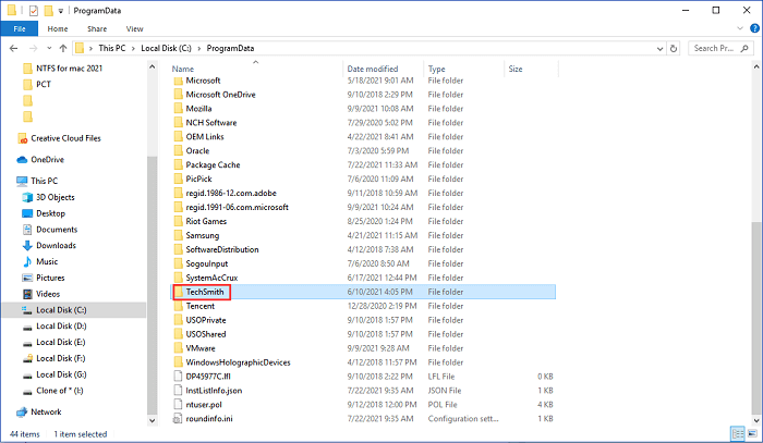 abra a pasta techsmith
