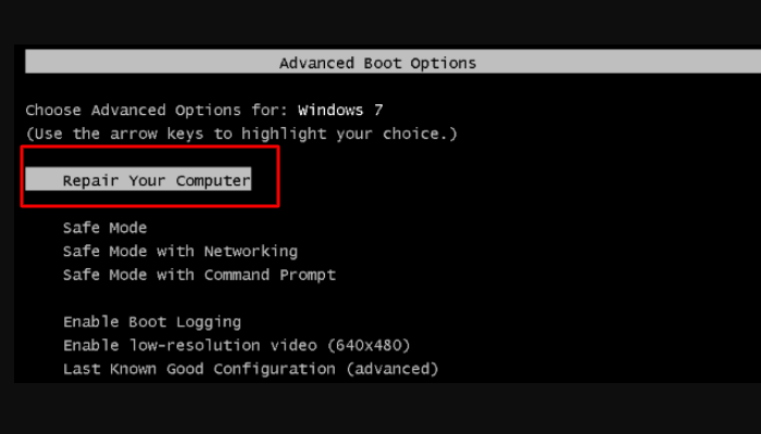pressione F8 e selecione Reparar seu computador