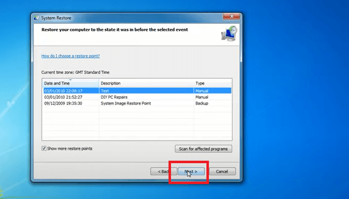 selecione a restauração do sistema e clique em próximo