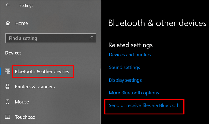 Selecione Enviar ou receber arquivos via Bluetooth