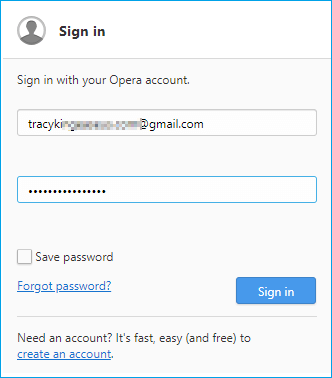 Faça login com conta e senha do Opera.