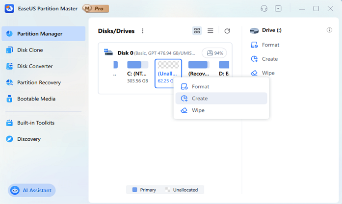 criar uma partição usando espaço não alocado