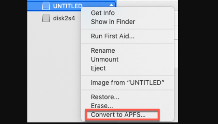Clique com o botão direito e selecione Converter para APFS